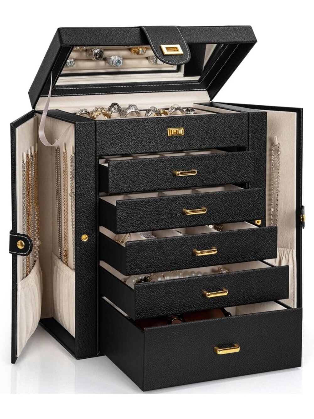 6-Tier Jewelry Box Organizer with 5 Drawers - Elegant Storage Case for